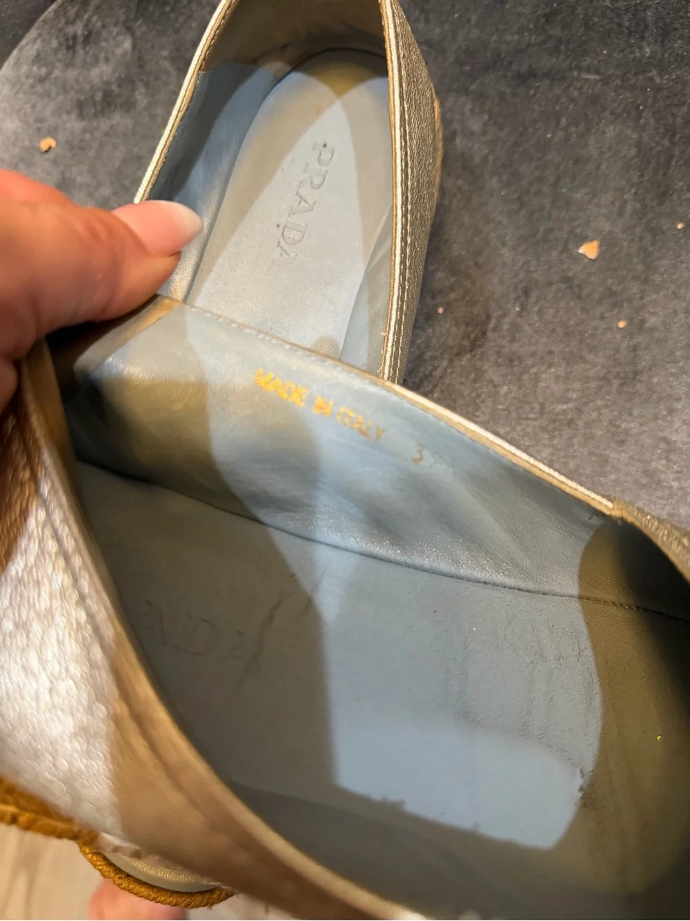 Prada Metallic Silver Leather Open-Toe Espadrille Flats 39.5.